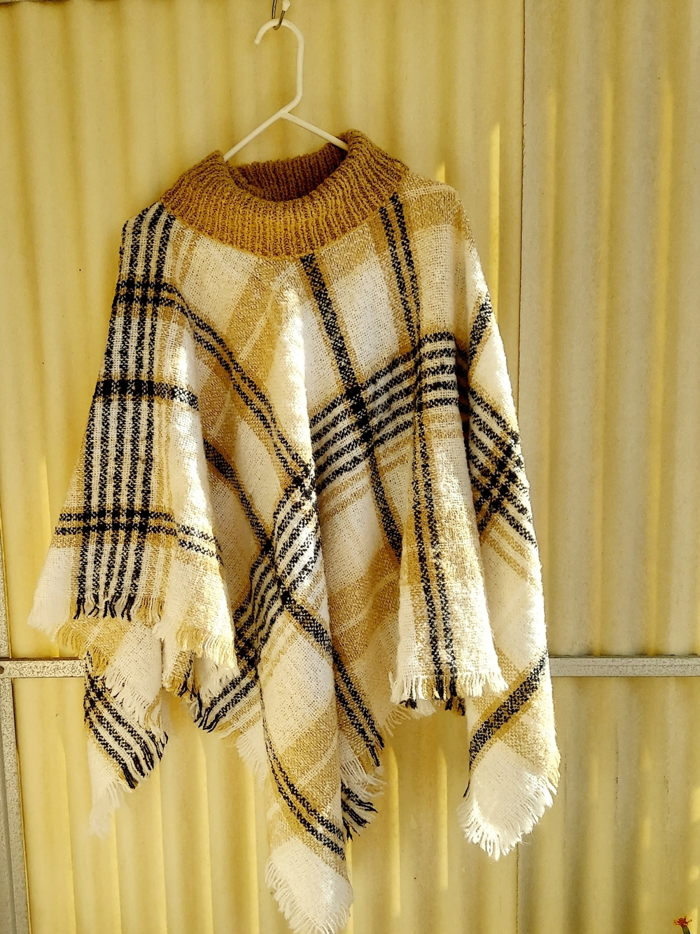 Plaid Knit Poncho Sweater - Cream & Mustard